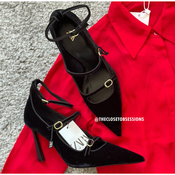 ZARA Blogger Fave!!! Pointed Toe Buckled Velvet High Heels NWT 🖤 - Picture 5 of 16